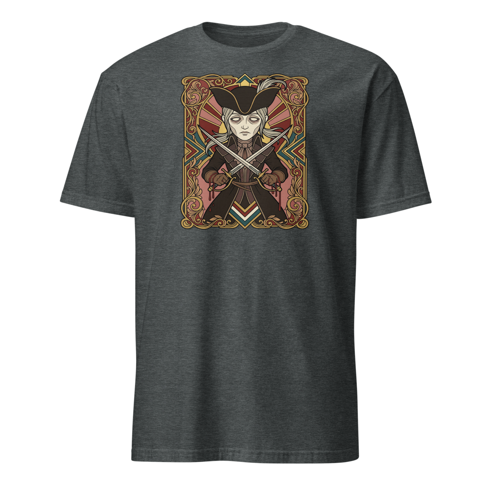 Clocktower Hunter Twin Blades Deco Duel Tee — dark heather front view