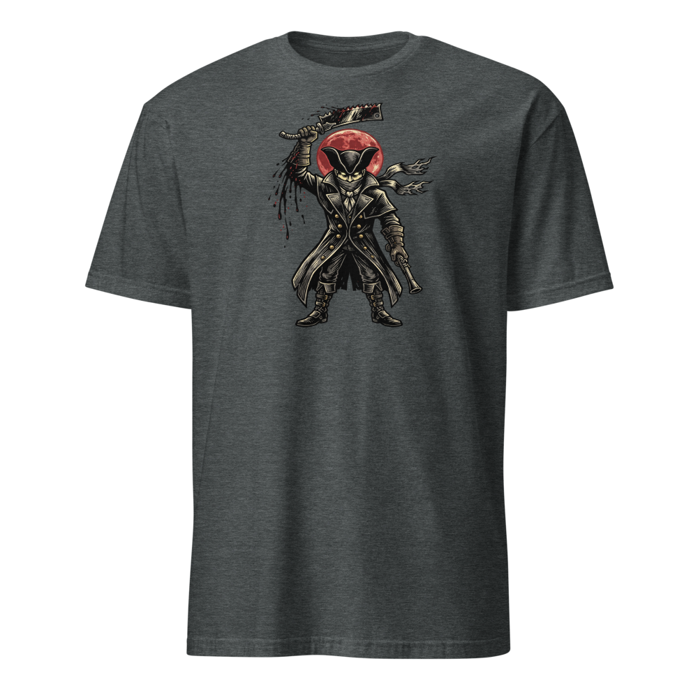 Gothic Hunter Blood Moon Linocut Horror Tee — dark heather front view
