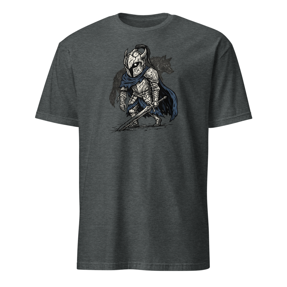 Broken Knight Abysswalker Blackwork Linocut Tee — dark heather front view