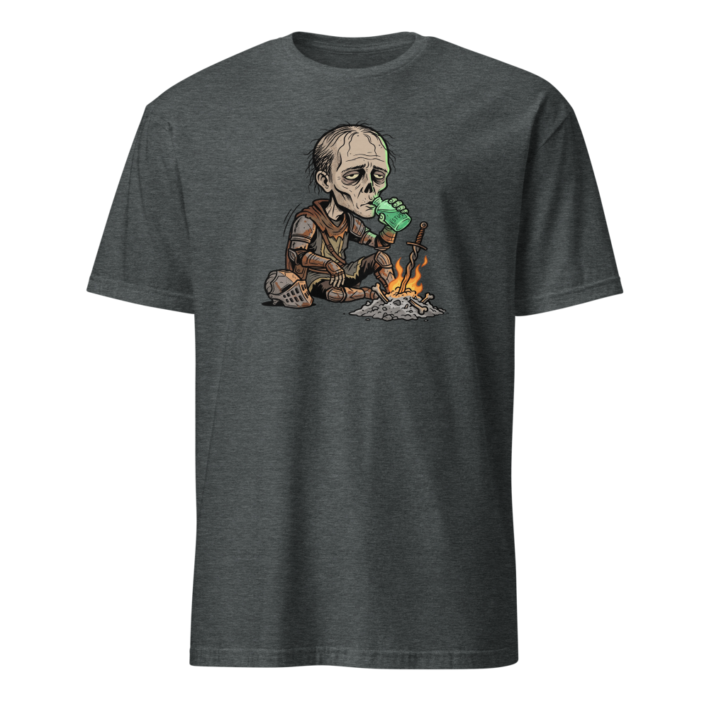 Hollow Knight Bonfire Estus Coffee Soulslike Parody Tee — dark heather front view