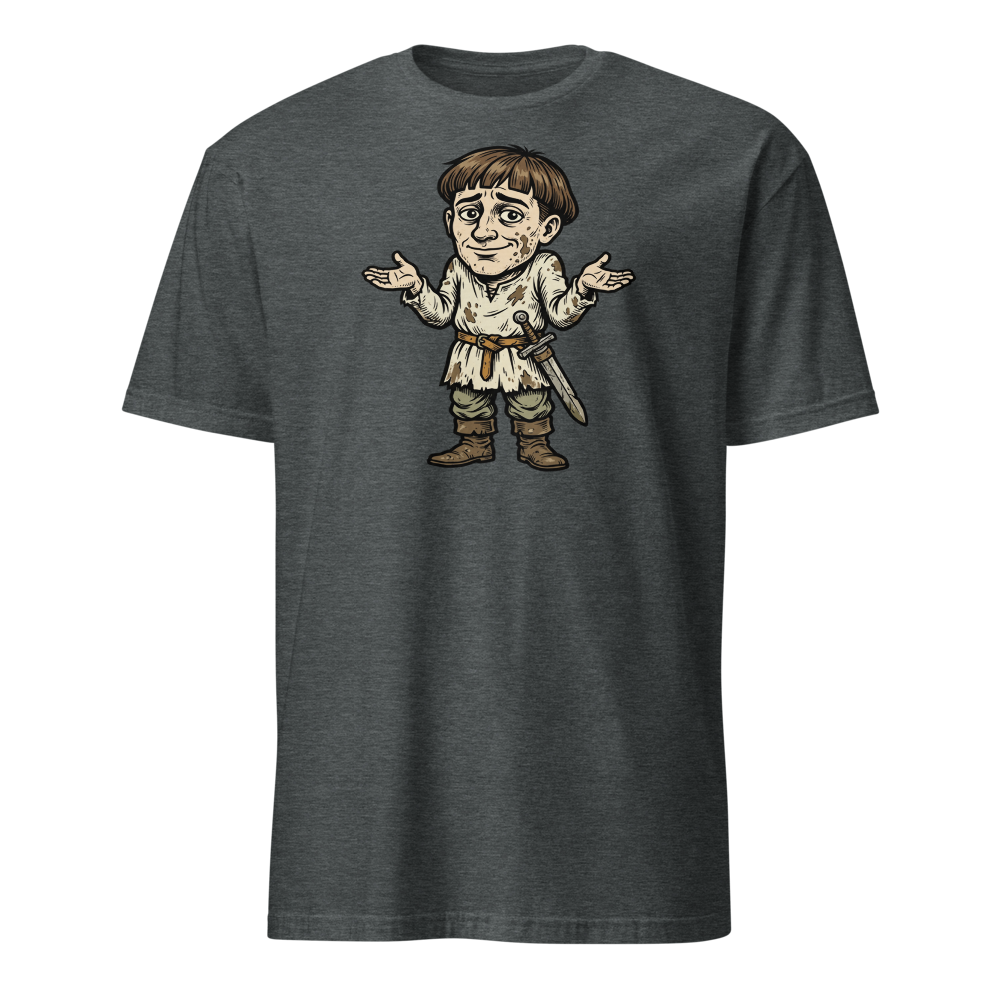 Medieval Peasant Shrug Woodcut Retro RPG Tee — dark heather front view
