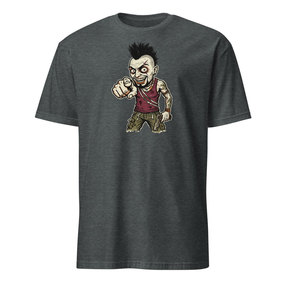 Unhinged Jungle Warlord Punk Caricature Tee — dark heather front view
