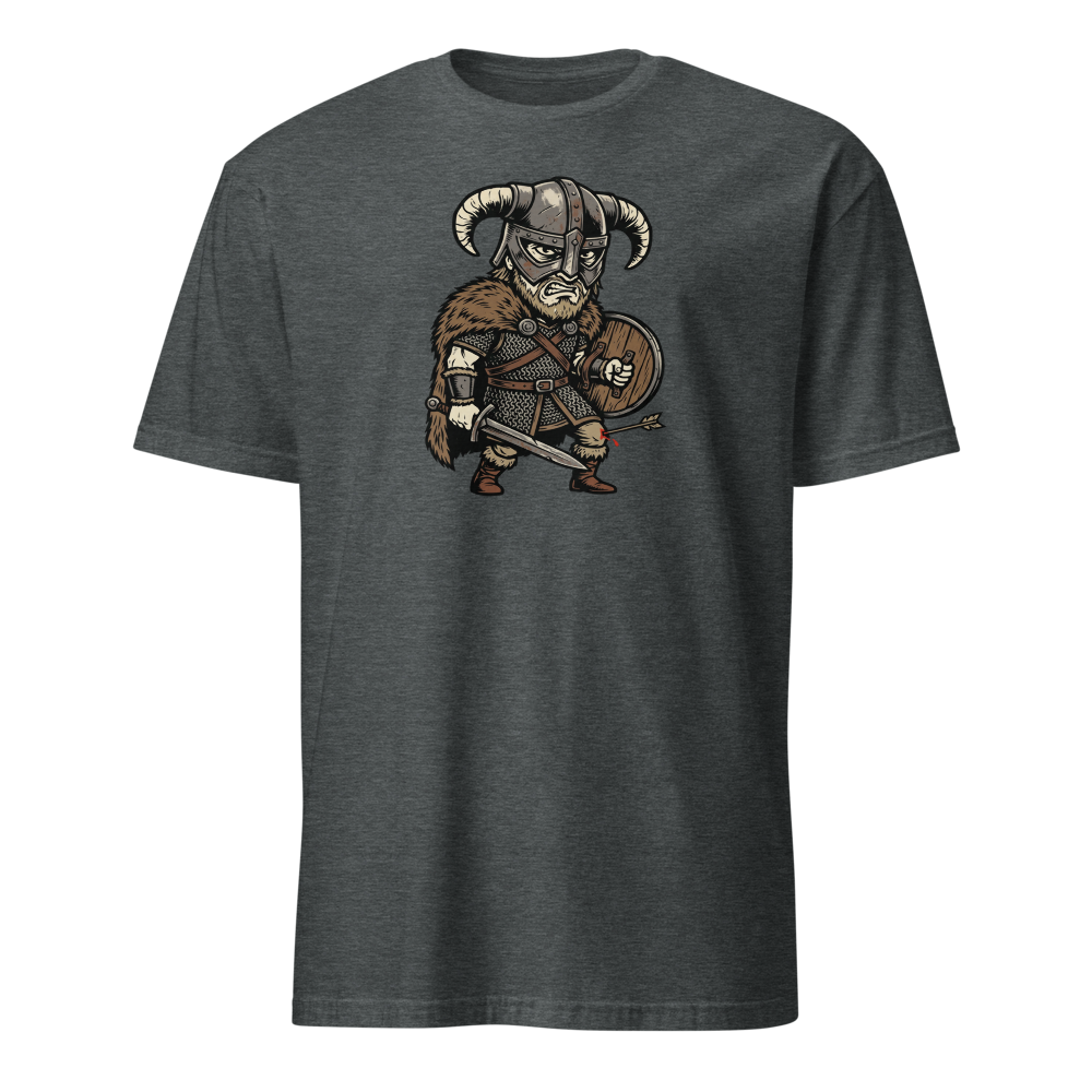 Horned Helmet Hero Arrow To The Knee Woodcut Tee — dark heather front view