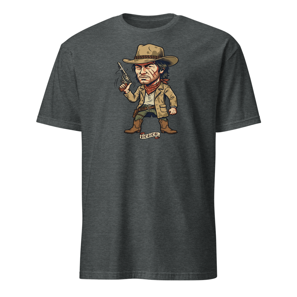 Scarred Outlaw Revolver Spinner Tattoo Flash Tee — dark heather front view