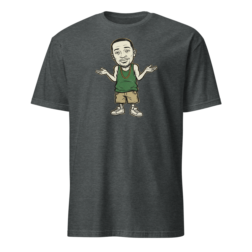 Here We Go Again Open-World Shrug Punk Tee — dark heather front view