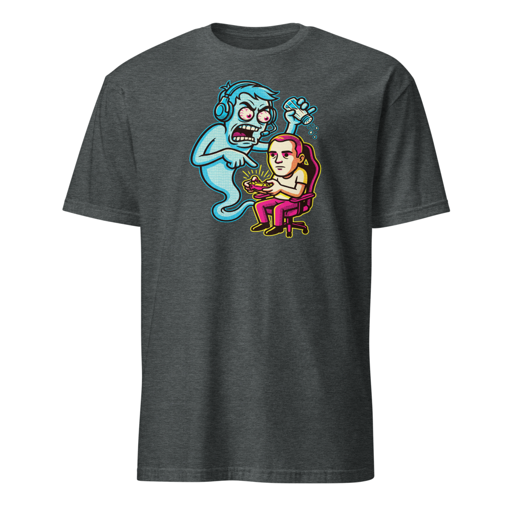 Salty Ghost Backseat Gamer Halftone Pop Art Tee — dark heather front view
