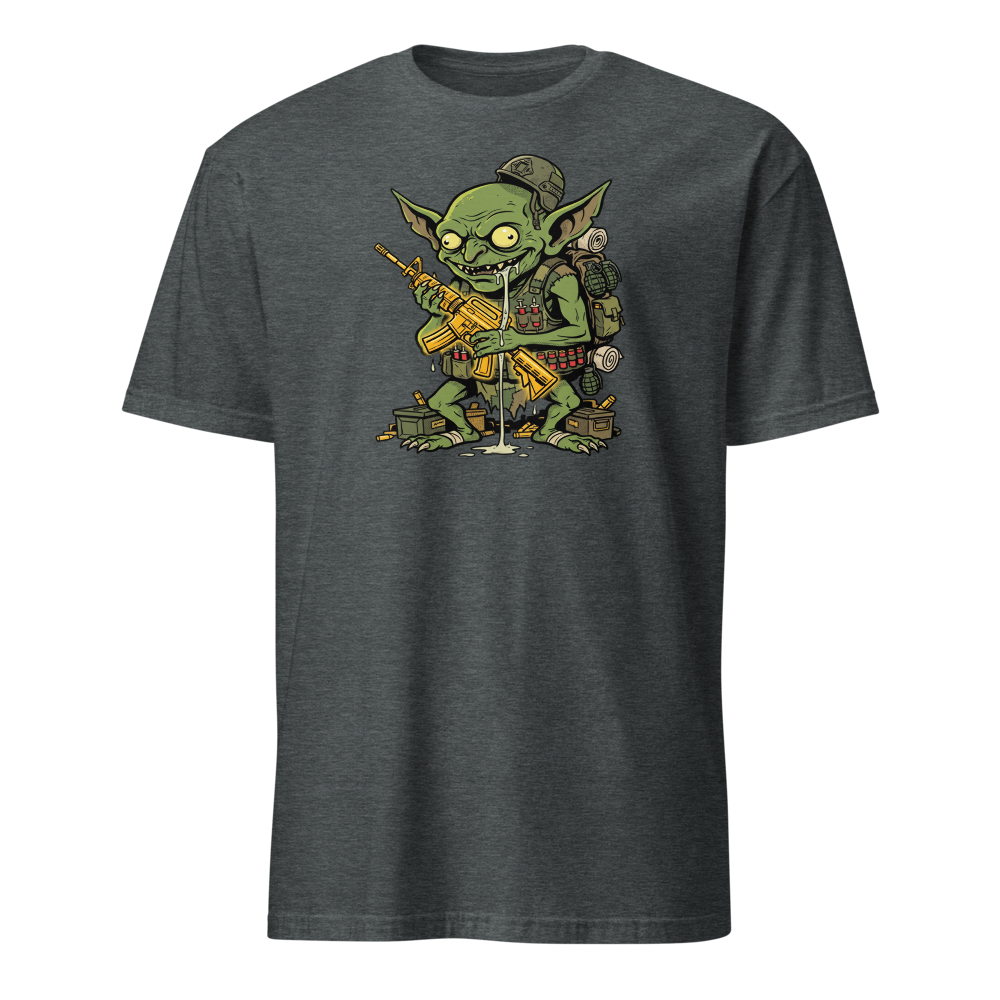 Loot Gremlin Gold Rifle Battle Royale Gamer Tee — dark heather front view