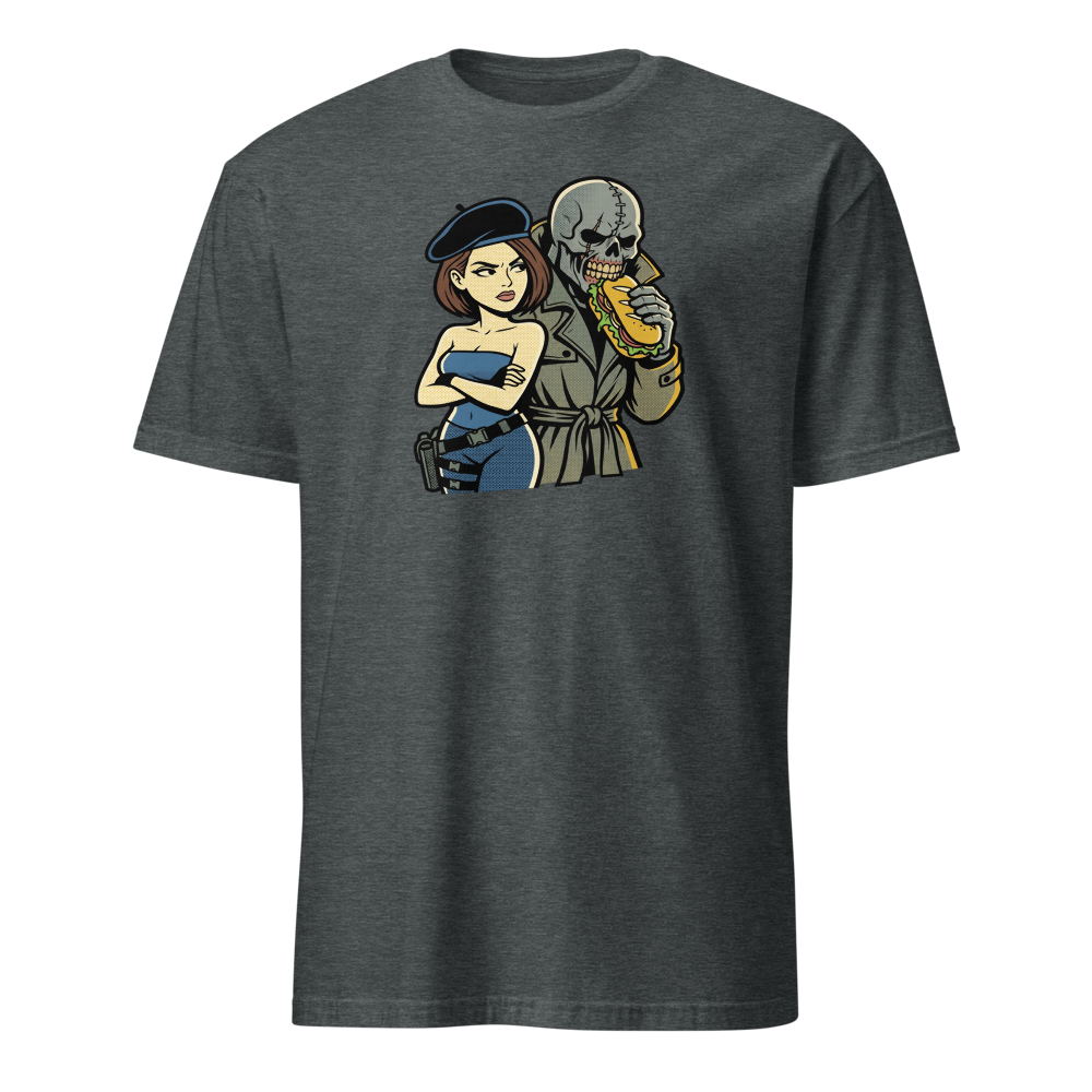 Parisian Beret Survival Horror Sandwich Parody Tee — dark heather front view