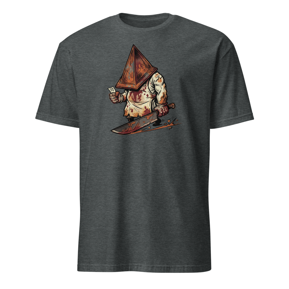 Horror Executioner at the DMV Halftone Parody Tee — dark heather front view