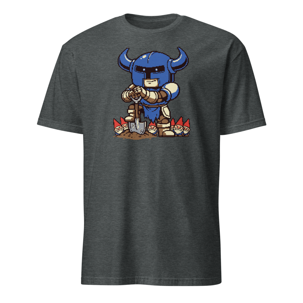 Pixel Knight Gnome Gardener Retro 16-Bit Gaming Tee — dark heather front view