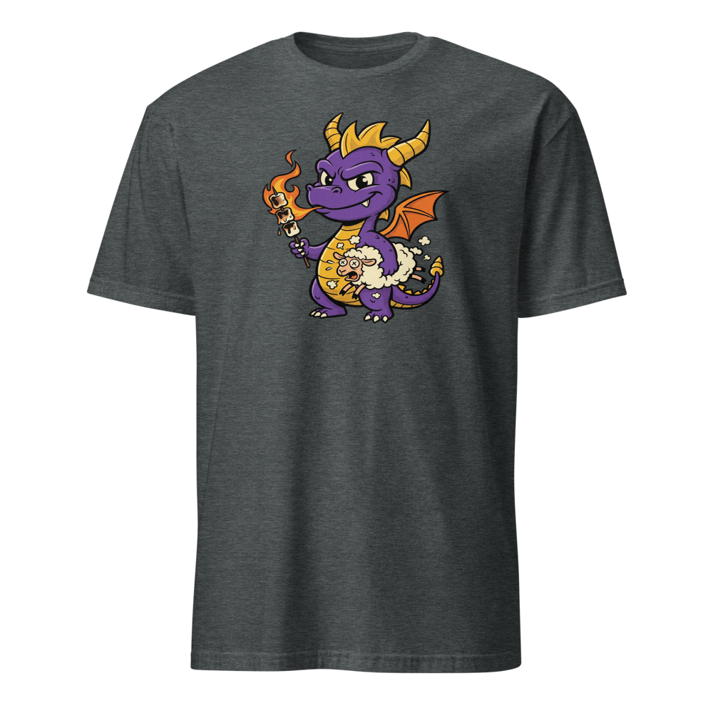 Purple Dragon Marshmallow Roast Retro Gamer Tee — dark heather front view