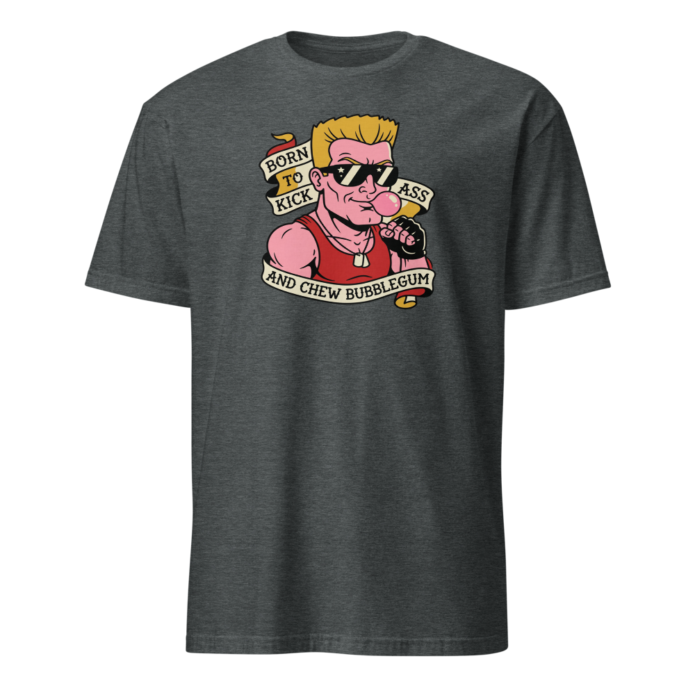 Bubblegum Action Hero Traditional Tattoo Flash Tee — dark heather front view
