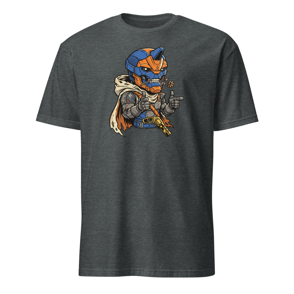 Wisecracking Exo Gunslinger Halftone Pop Art Tee — dark heather front view
