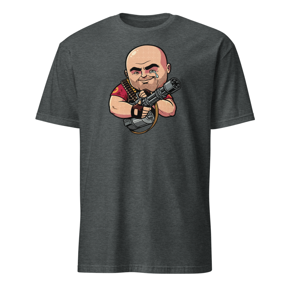 Big Russian Gunner Minigun Hug Pop Art Tee — dark heather front view