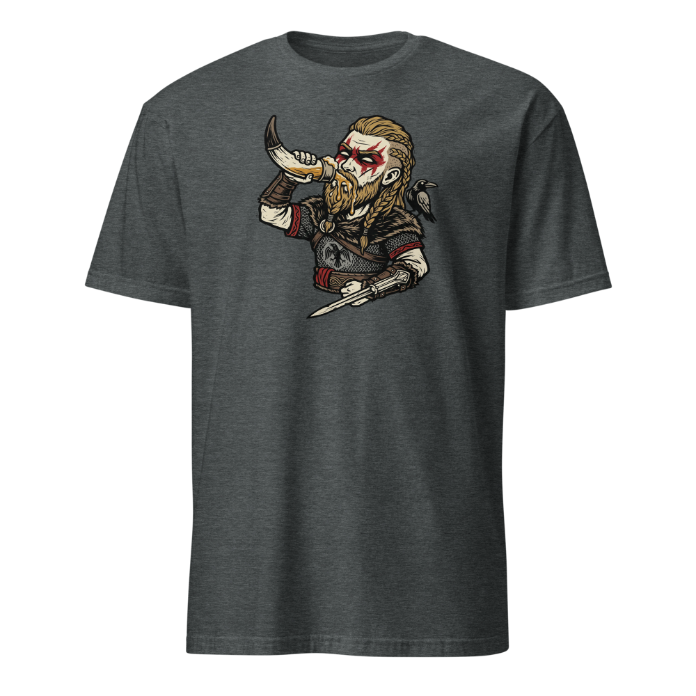 Viking Raider Mead Horn Hidden Blade Woodcut Tee — dark heather front view