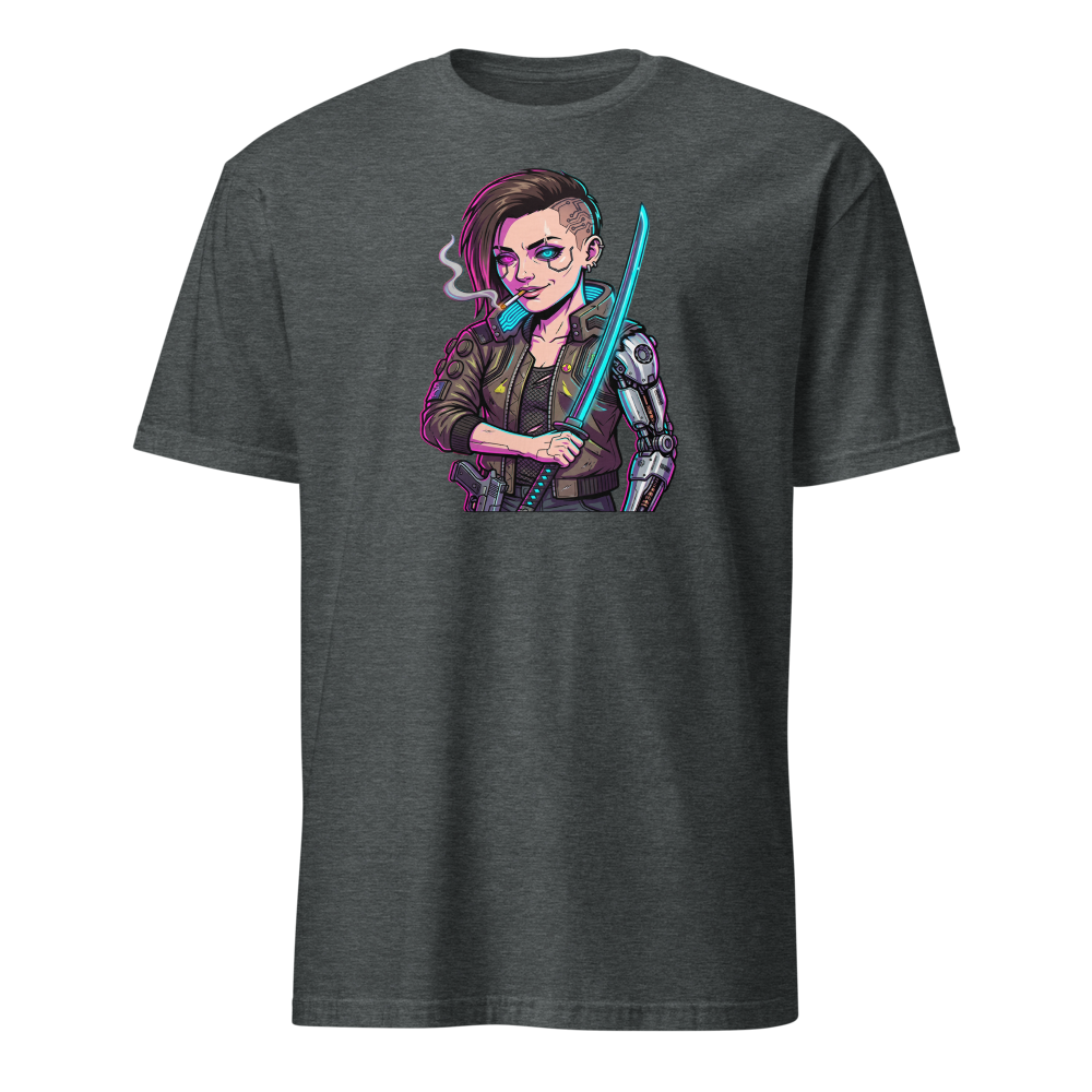 Neon Night City Chrome Merc Katana Tee — dark heather front view