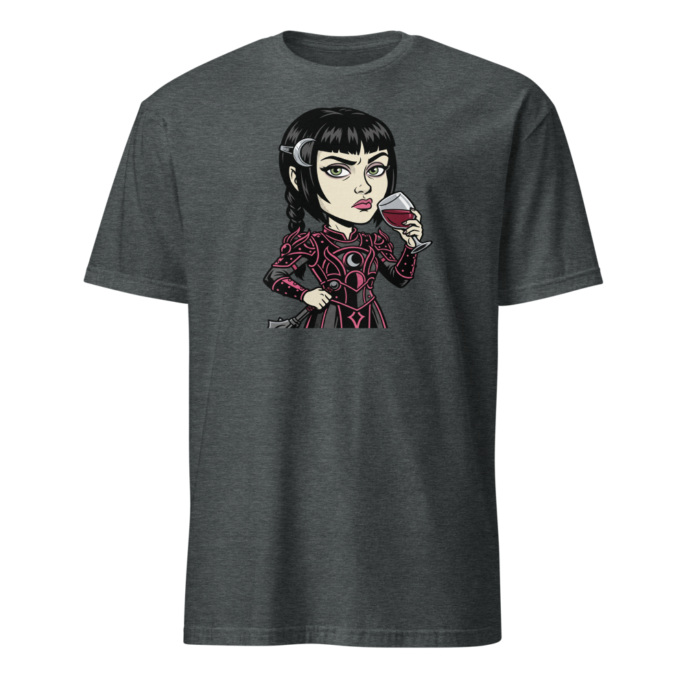 Moody Cleric Wine Judgment Comic Ink RPG Tee — dark heather front view