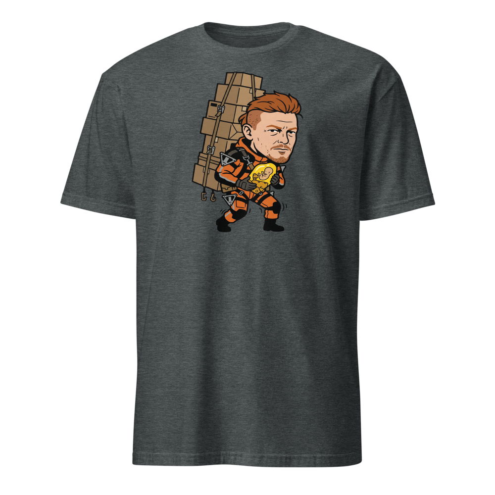 Overworked Courier Parcel Tower Delivery Tee — dark heather front view