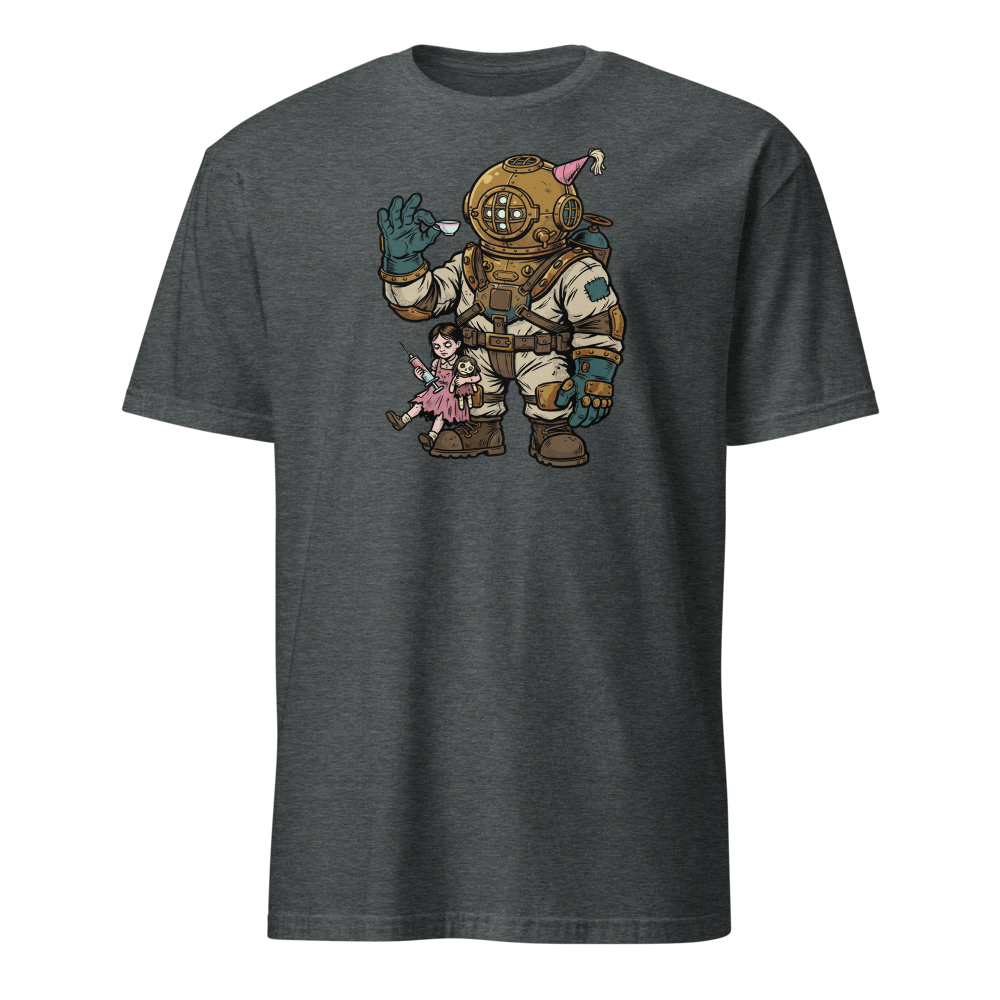 Deep Sea Diver Tea Party Comic Ink Graphic Tee — dark heather front view