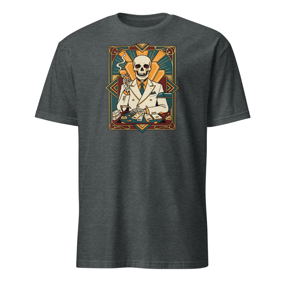 Skeleton Travel Agent Art Deco Noir Tee — dark heather front view