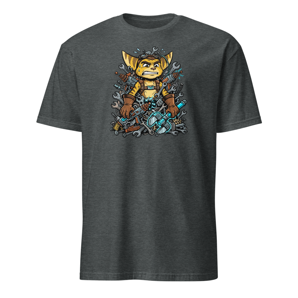 Overwhelmed Space Mechanic Wrench Pile Comic Tee — dark heather front view
