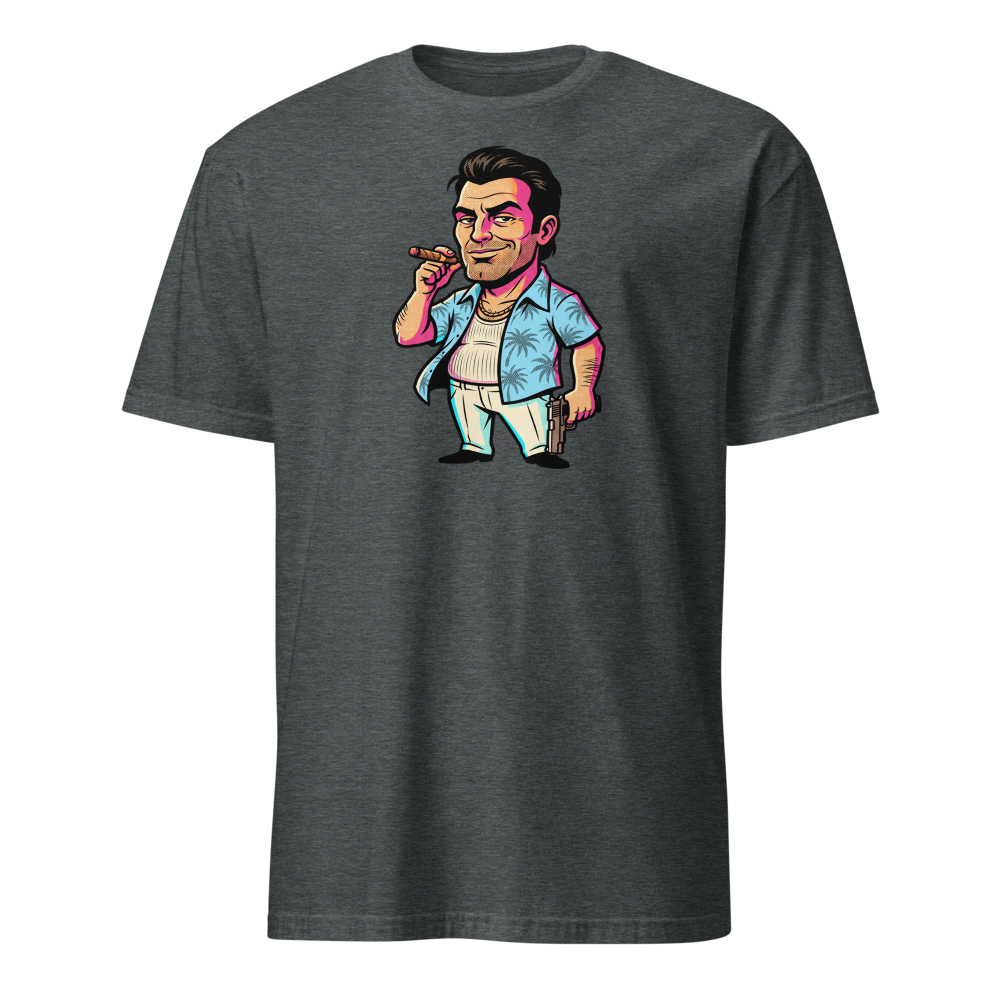 Tropical Mobster Halftone Pop Art Neon Miami Tee — dark heather front view