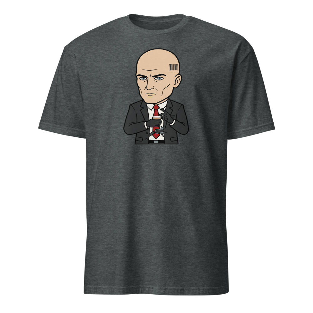 Deadpan Bald Assassin Cappuccino Order Tee — dark heather front view