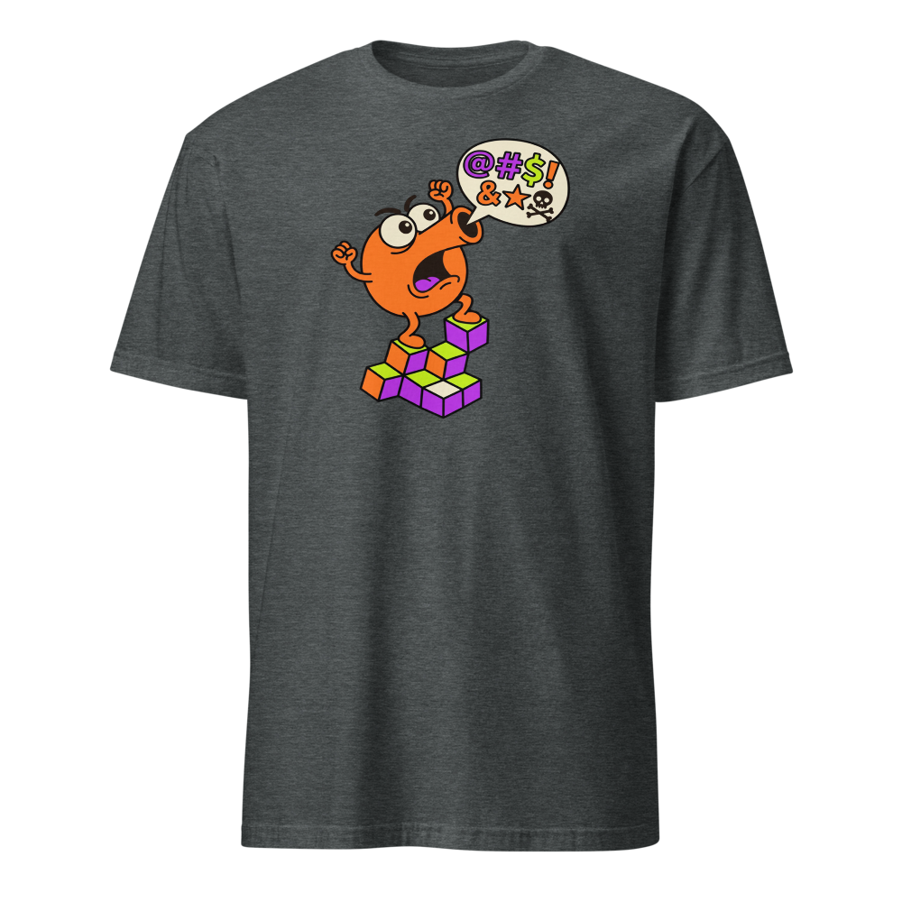 Rage Quit Arcade Gremlin Retro Cube Pyramid Tee — dark heather front view