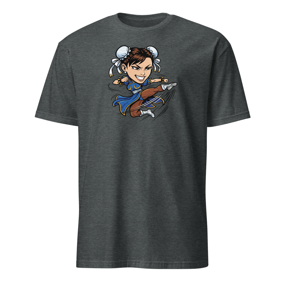Arcade Fighter Spinning Kick Halftone Pop Art Tee — dark heather front view