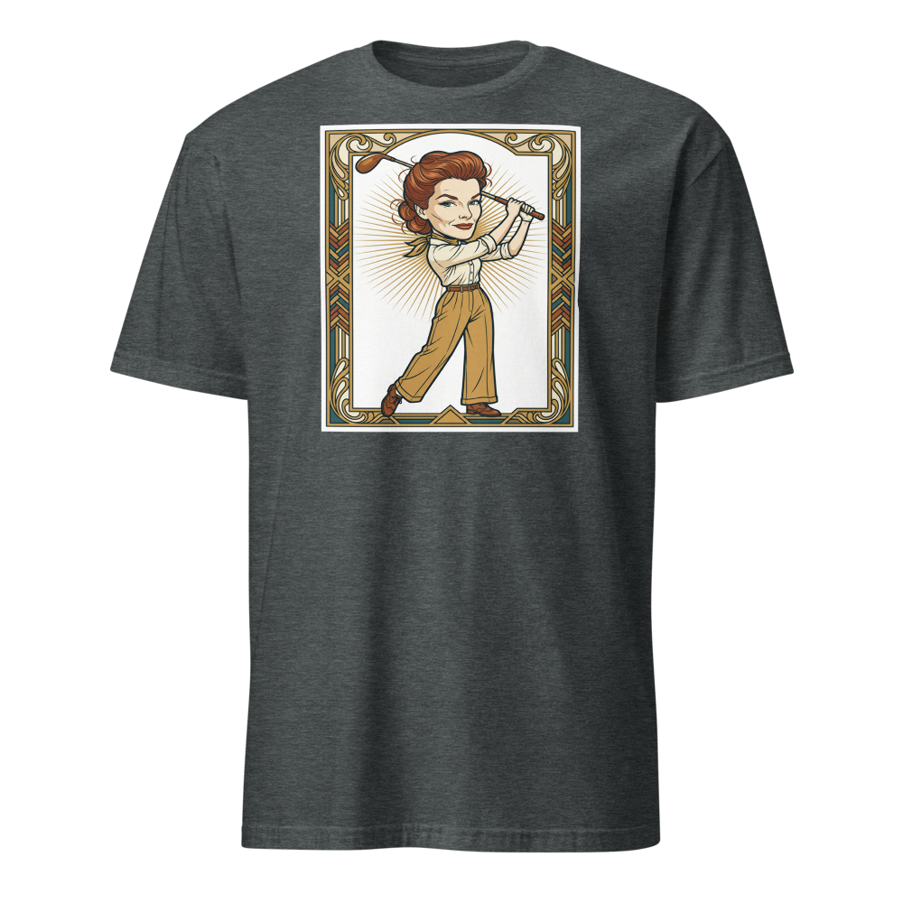 Jazz Age Golf Champion Art Deco Caricature Tee — dark heather front view