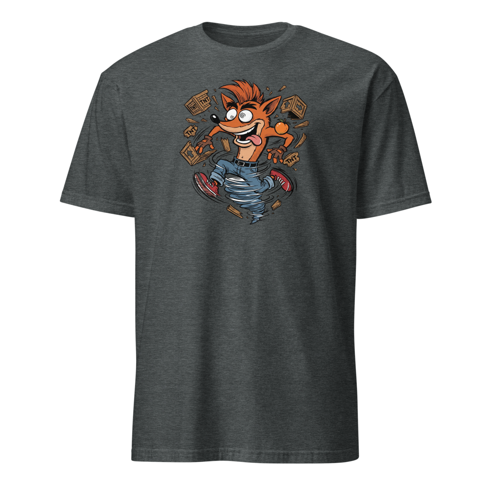 Spin Attack Marsupial Crate Smasher Retro Gaming Tee â€” Dark Heather front view