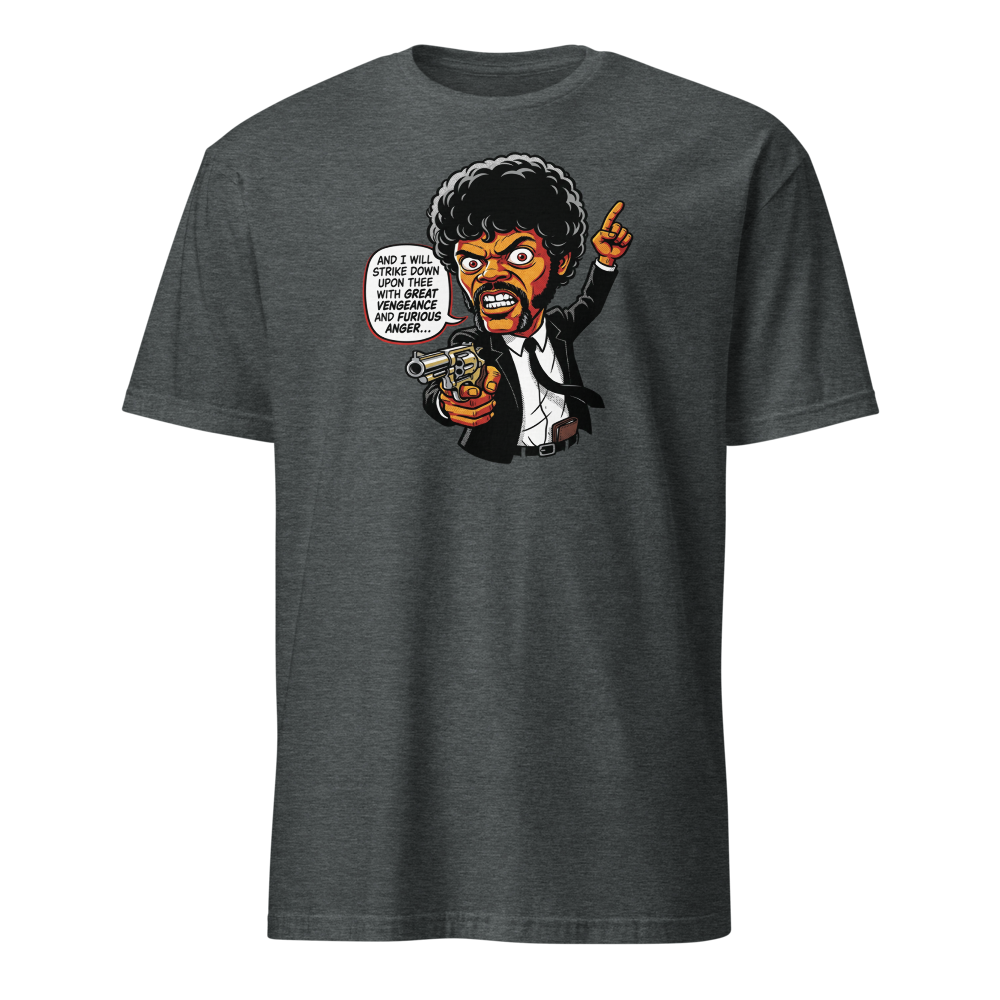 Righteous Hitman Halftone Pop Art Movie Tee — dark heather front view