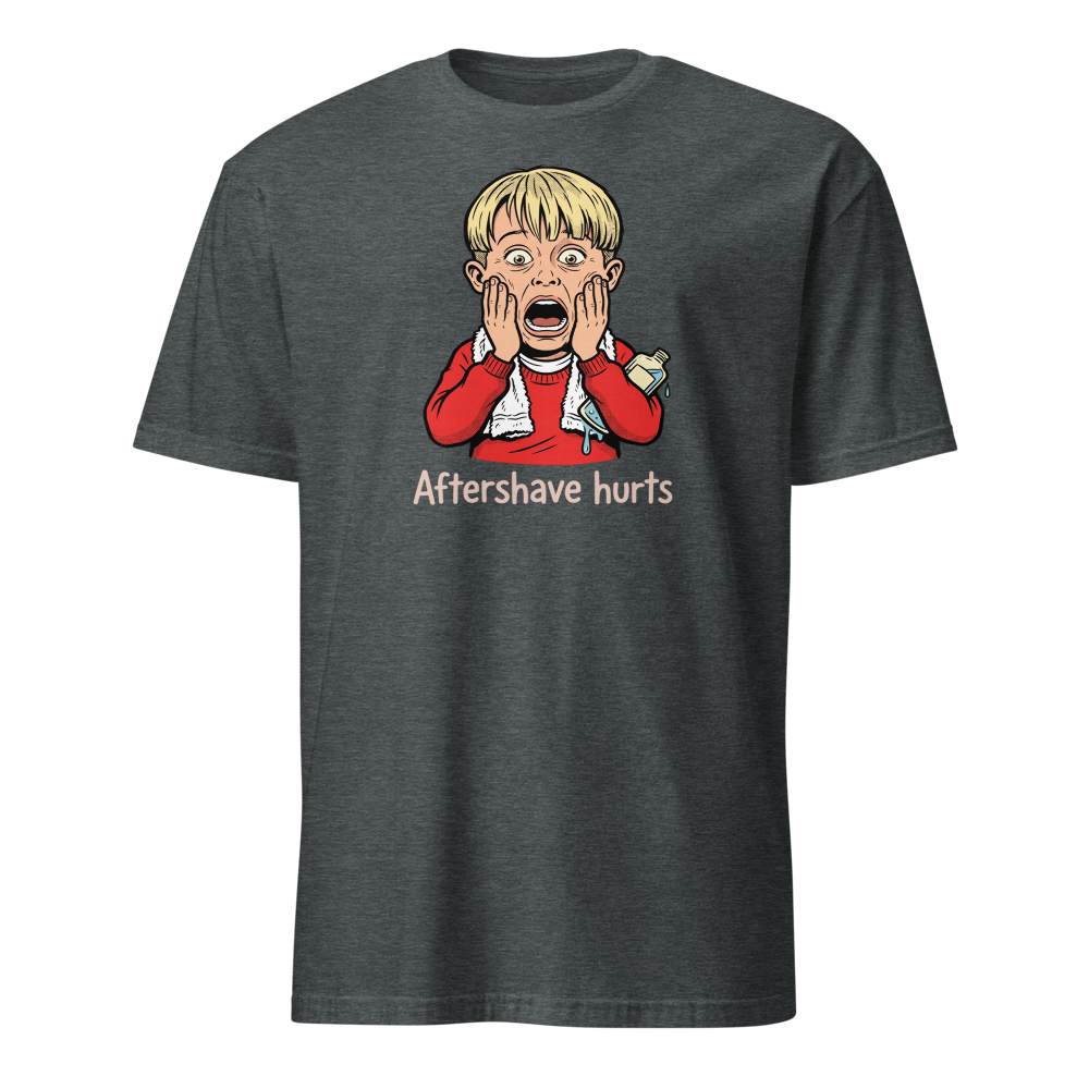 Aftershave Hurts Suburban Scream Comedy Tee — dark heather front view