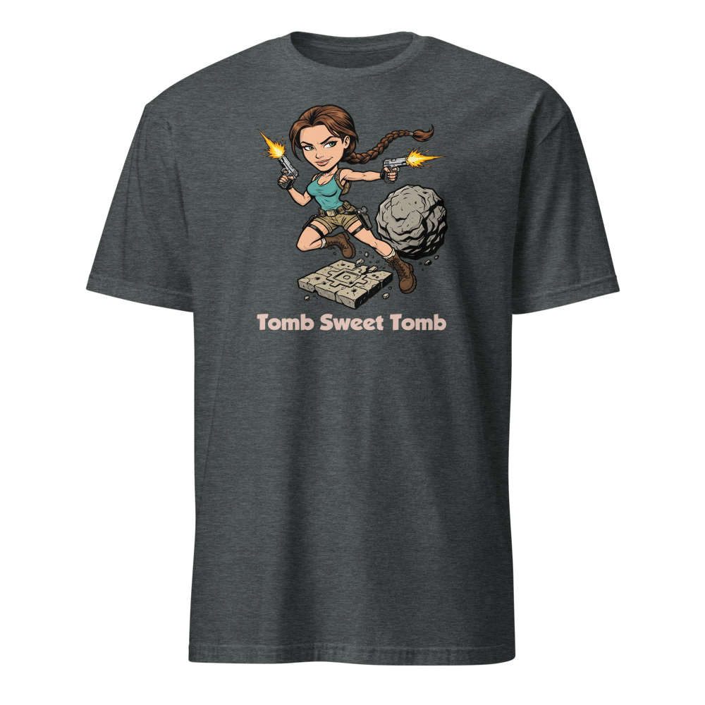 Tomb Sweet Tomb Action Heroine Adventure Tee — dark heather front view