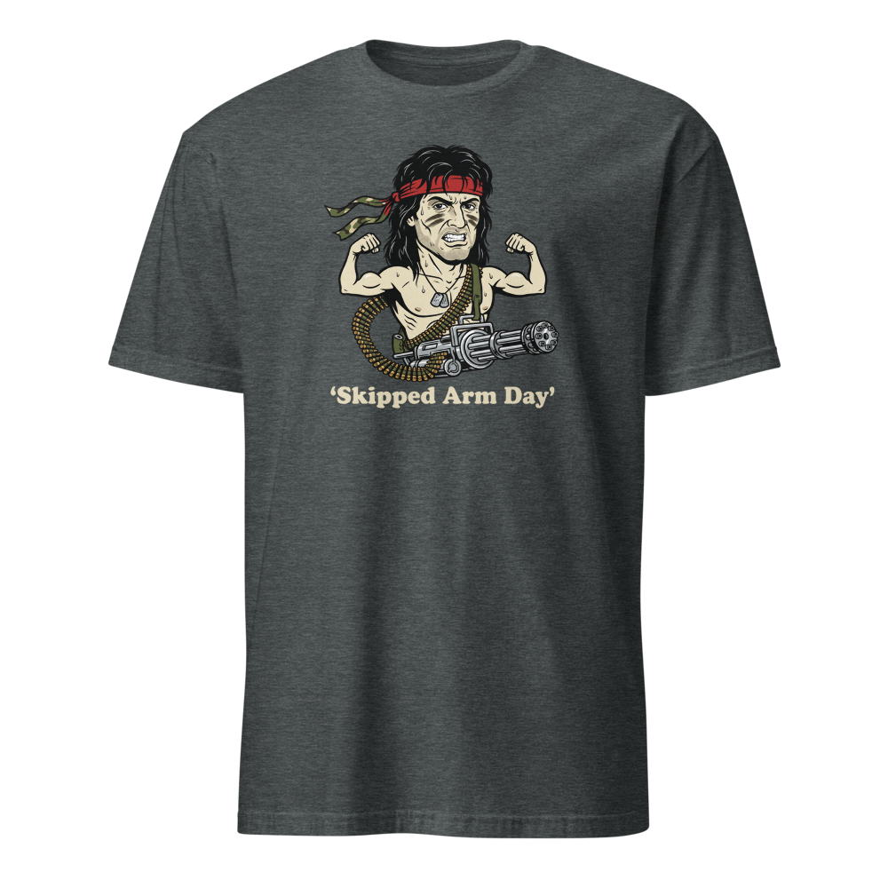 Skipped Arm Day One-Man Army Punk Action Tee — dark heather front view