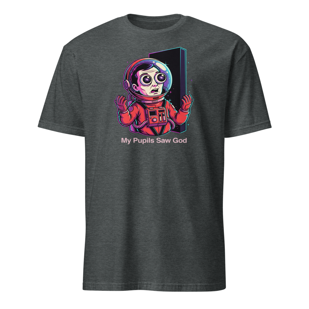 Cosmic Astronaut Monolith Neon Sci-Fi Parody Tee — dark heather front view