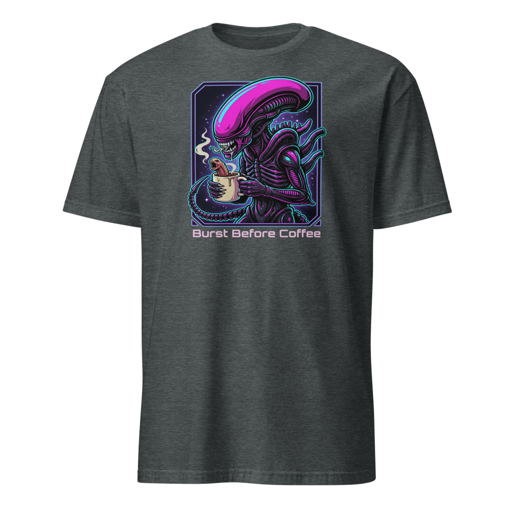 Burst Before Coffee Cyberpunk Alien Horror Tee — dark heather front view