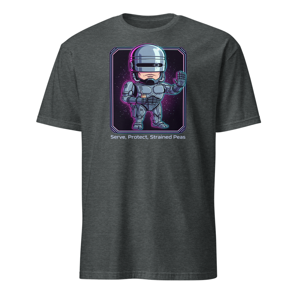 Cyborg Cop Strained Peas Cyberpunk Parody Tee — dark heather front view
