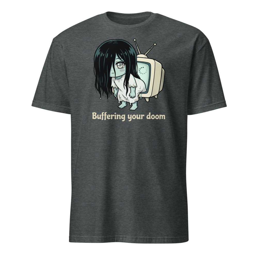 Buffering Your Doom Chibi Kawaii Horror Ghost Tee — dark heather front view