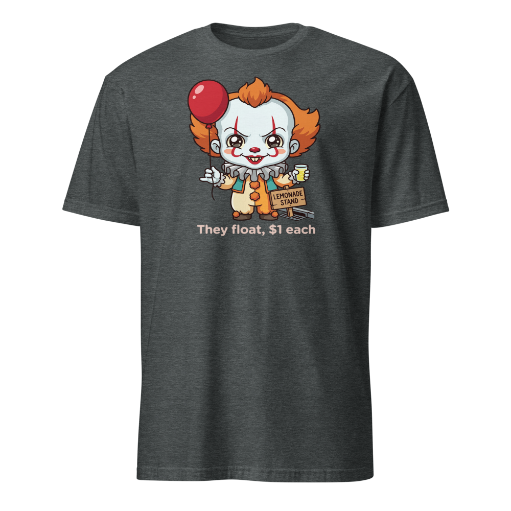 Chibi Creepy Clown Lemonade Stand Horror Parody Tee — dark heather front view