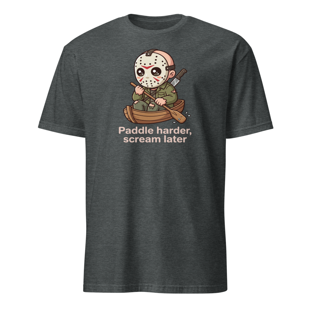 Chibi Slasher Camp Canoe Horror Parody Tee — dark heather front view