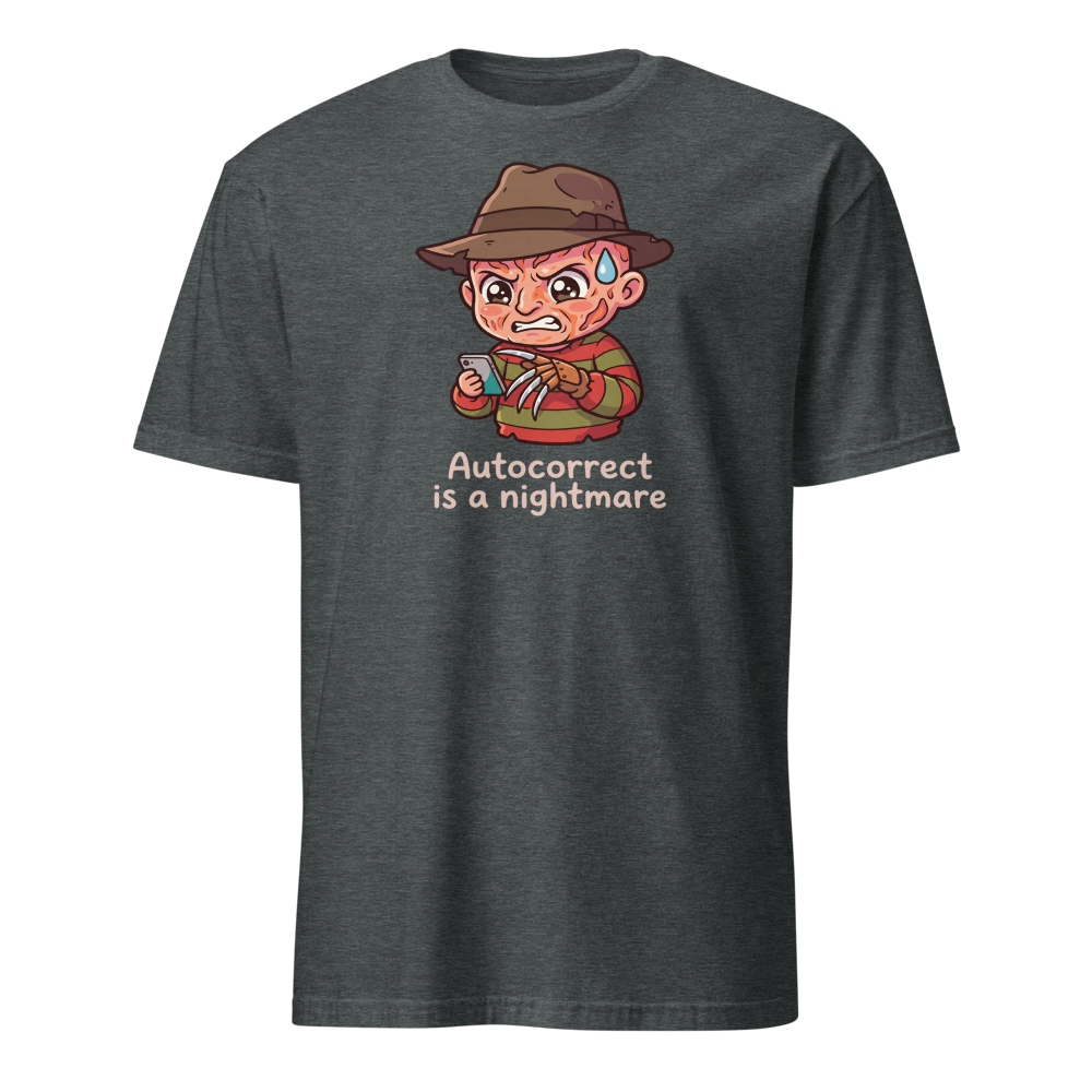 Chibi Slasher Autocorrect Nightmare Horror Parody Tee — dark heather front view