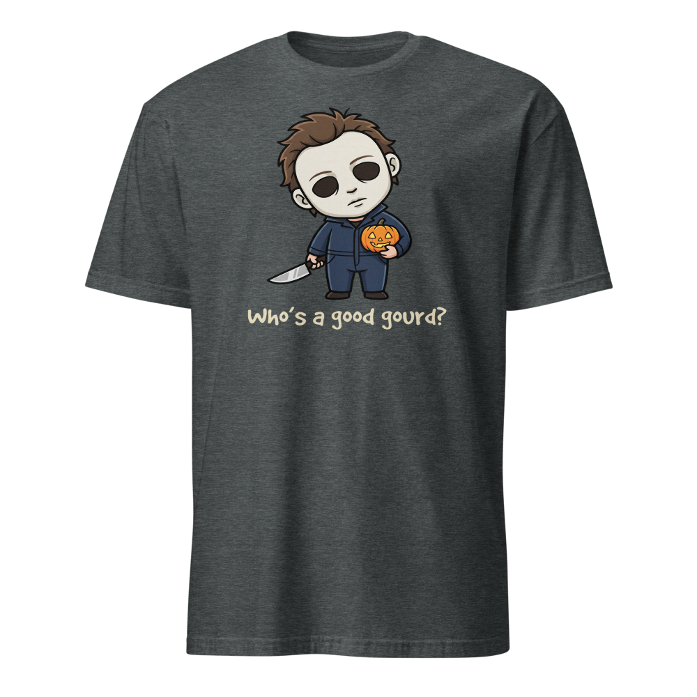 Confused Puppy Slasher Chibi Pumpkin Halloween Tee — dark heather front view