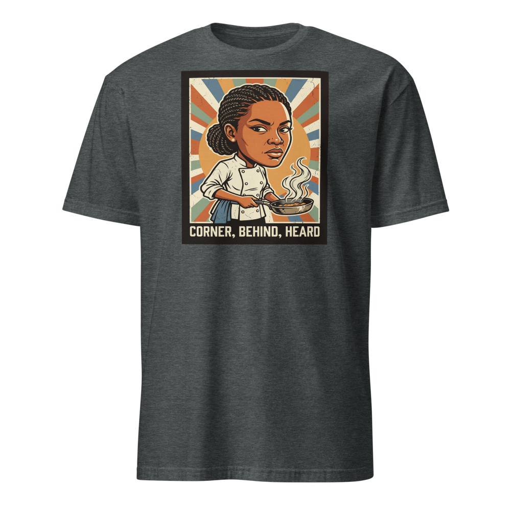 Side-Eye Chef Propaganda Screenprint Kitchen Tee — dark heather front view