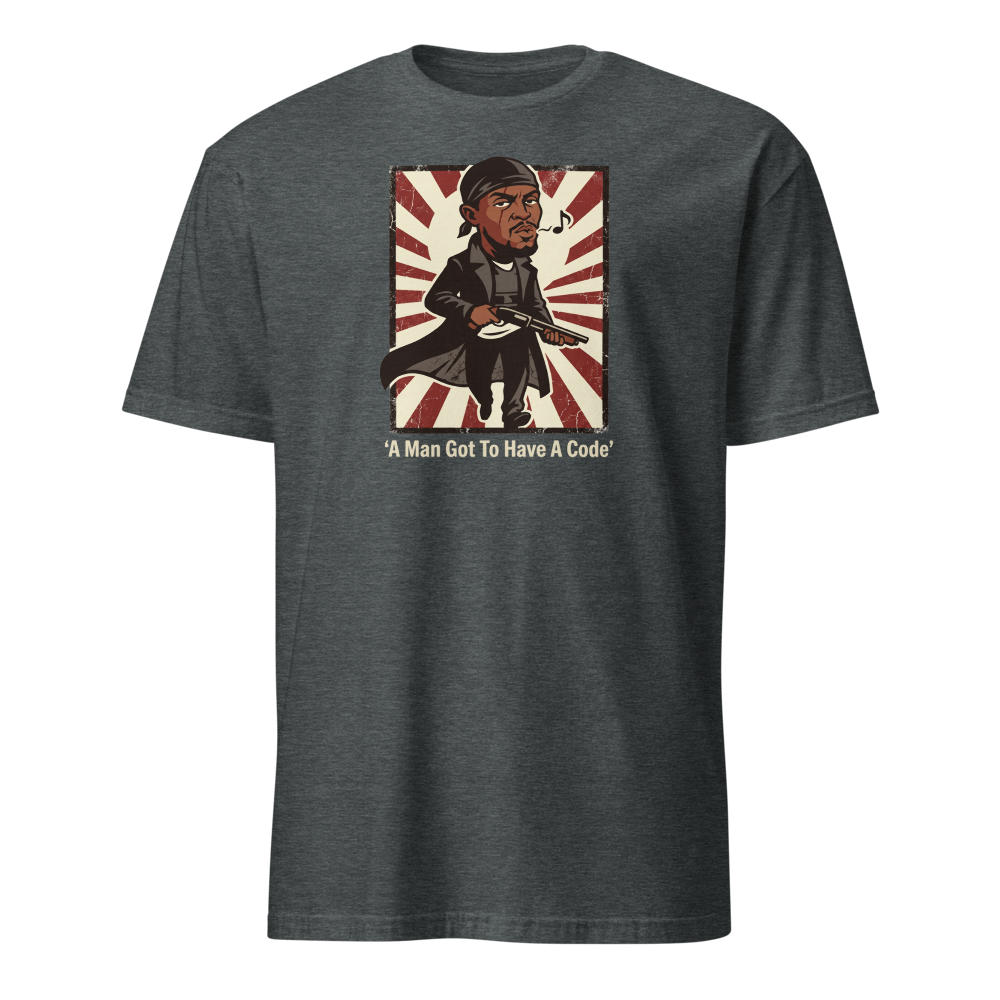 Whistling Stick-Up Man Code Propaganda Tee — dark heather front view