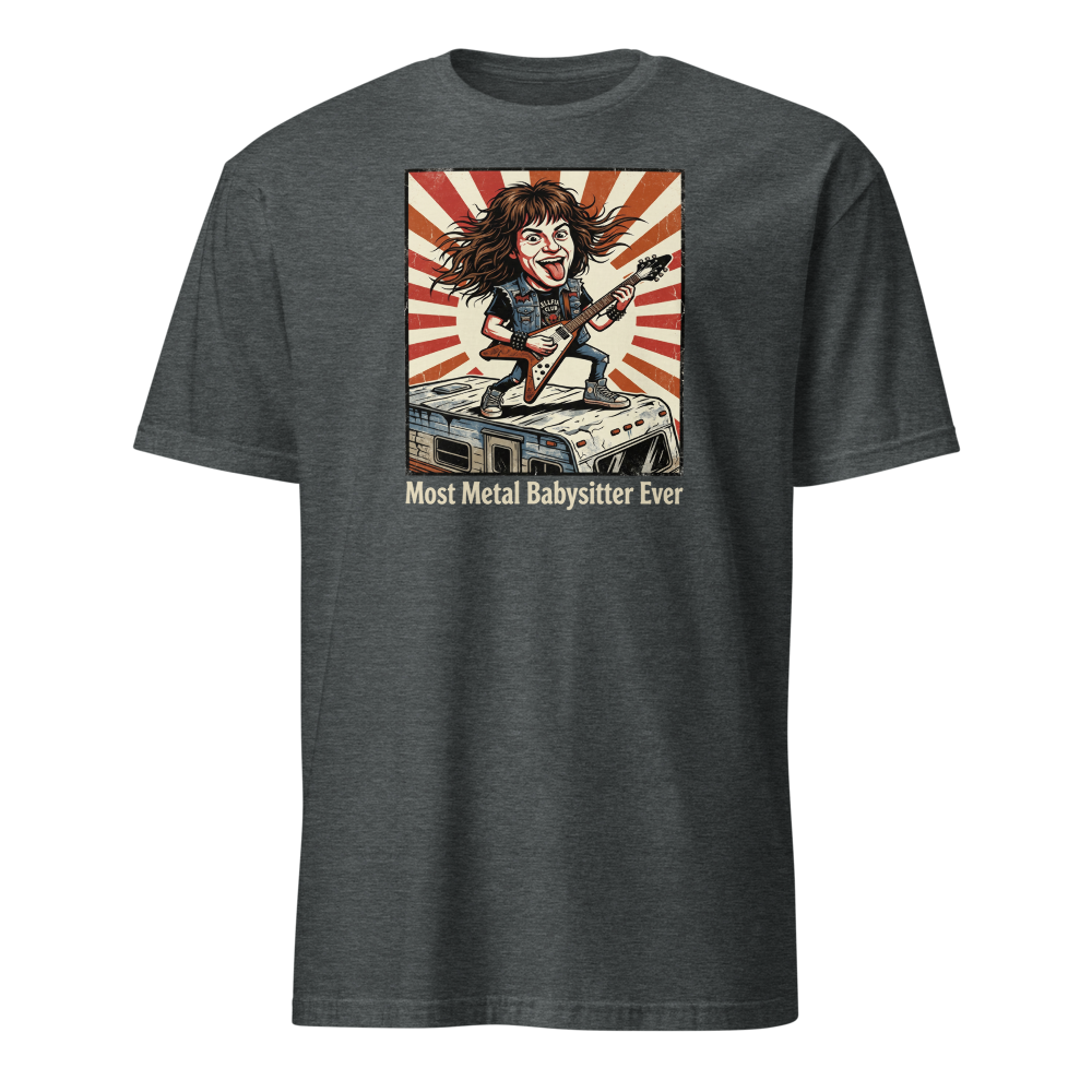Most Metal Babysitter Ever Flying V Shredder Tee — dark heather front view