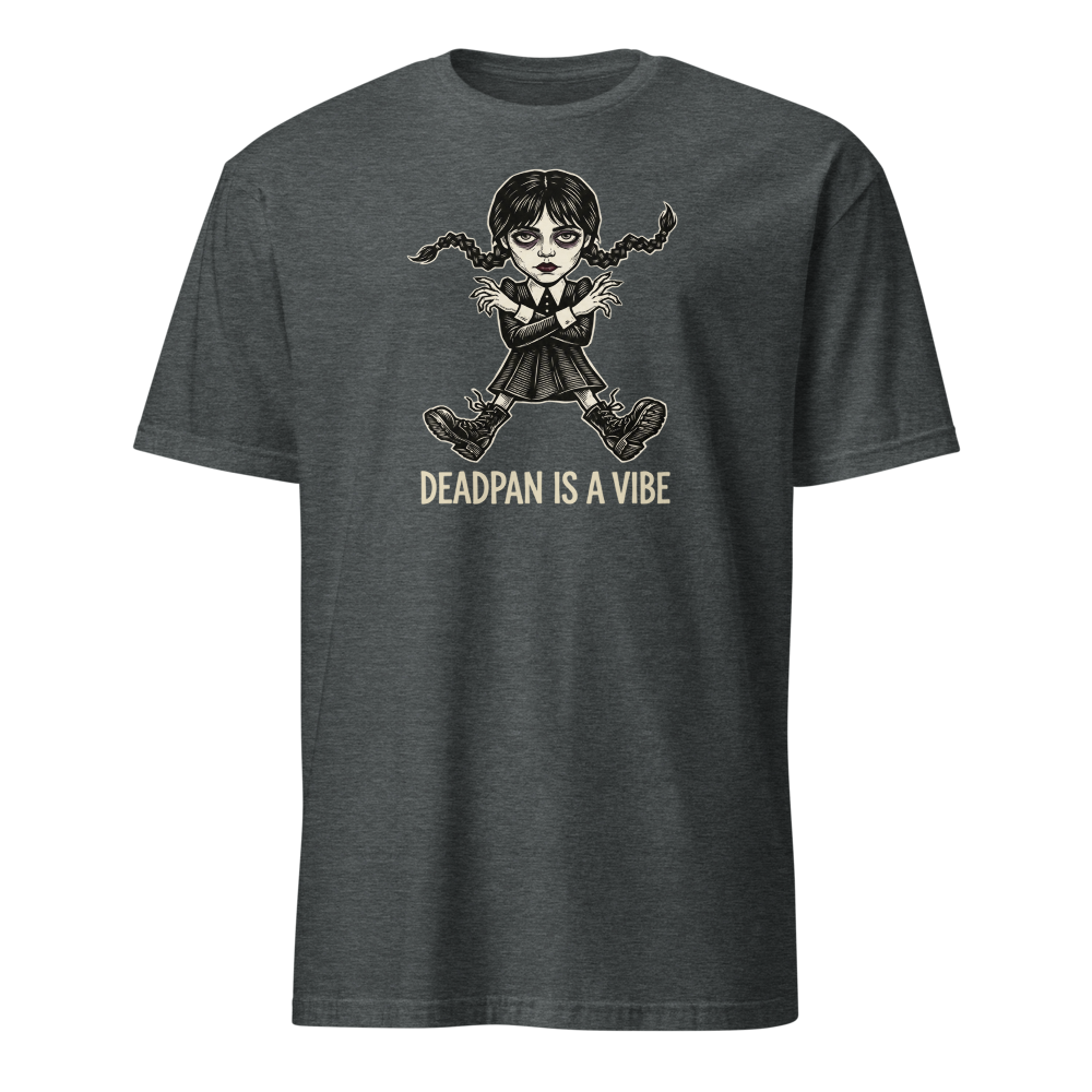 Deadpan Goth Dance Puppet Blackwork Linocut Tee — dark heather front view
