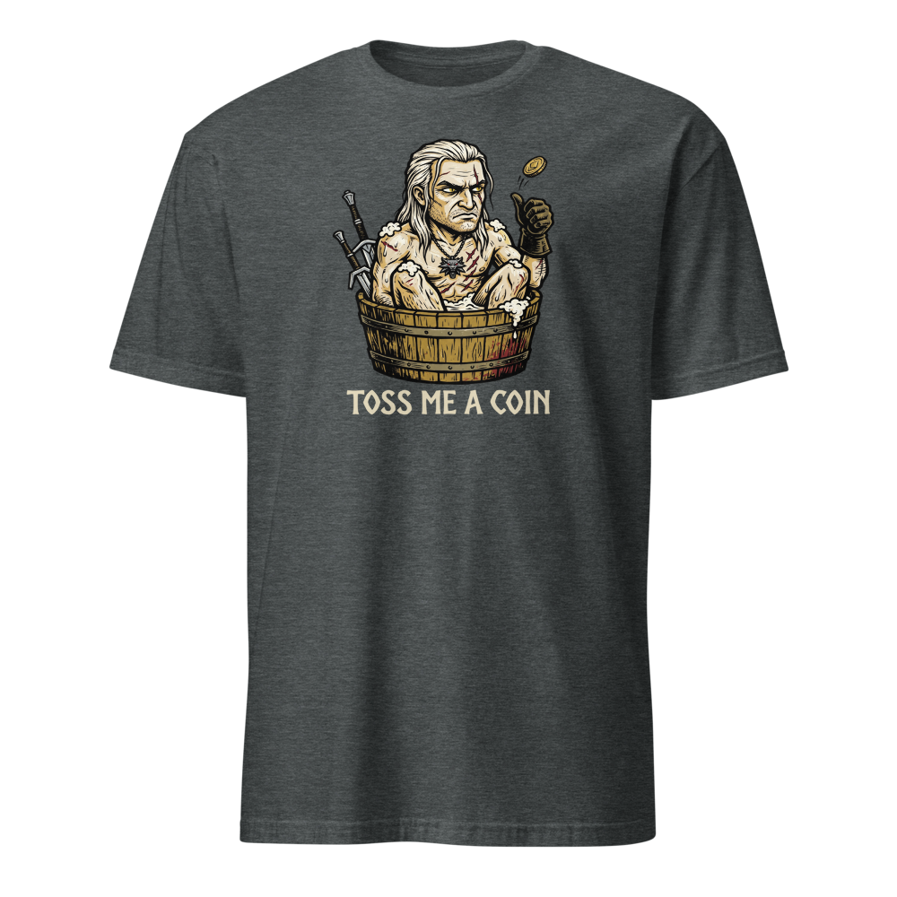 Grumpy Monster Hunter Bathtub Coin Toss Woodcut Tee — dark heather front view