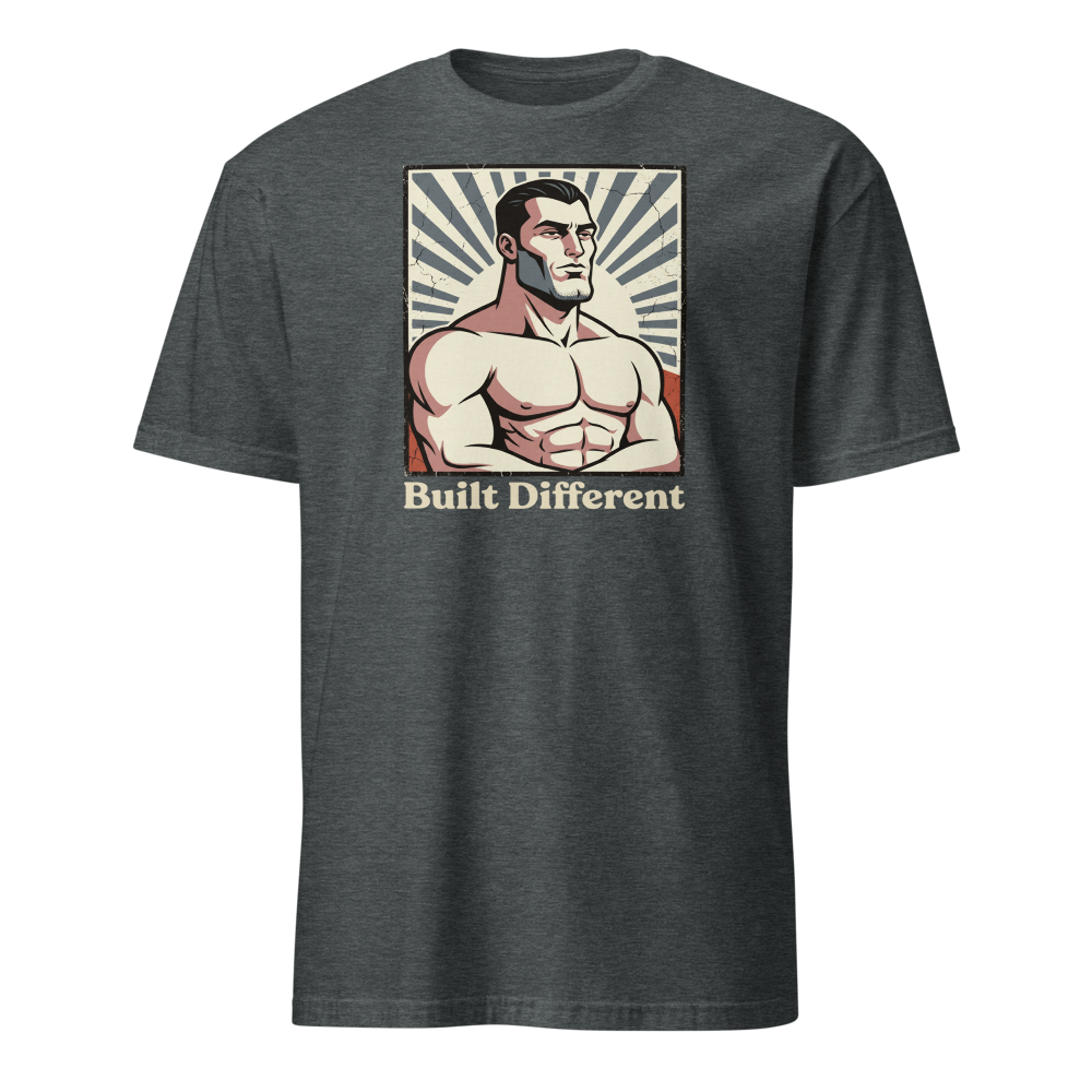Built Different Chiseled Jaw Propaganda Meme Tee — dark heather front view