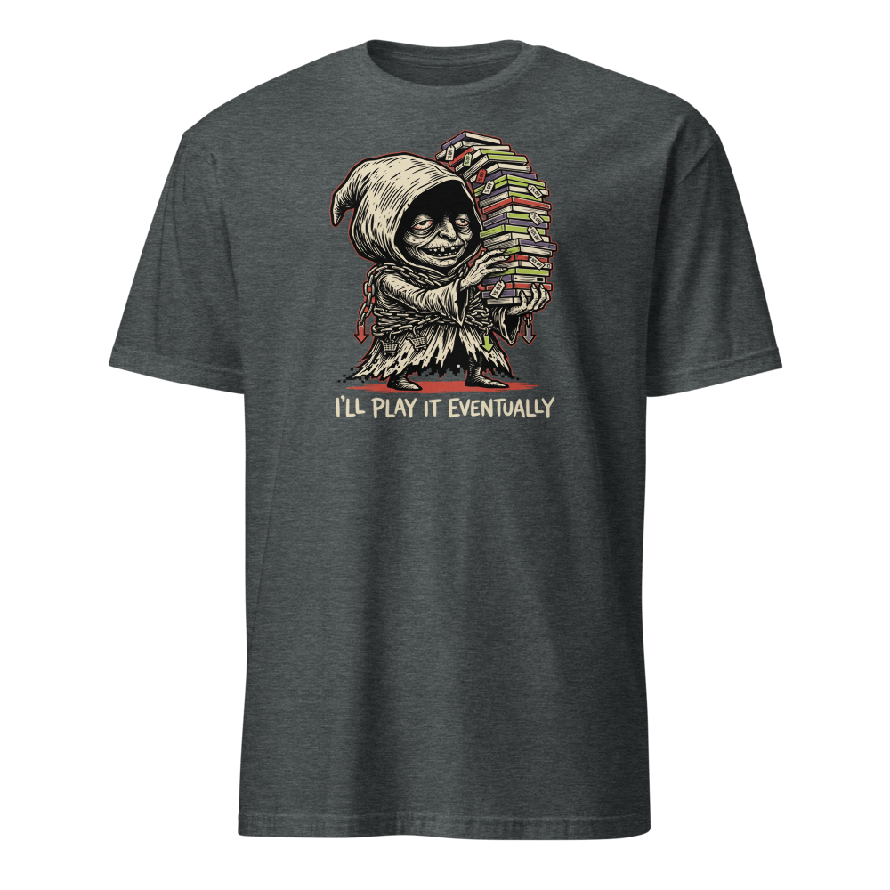 Eternal Sale Backlog Gremlin Linocut Gamer Tee — dark heather front view
